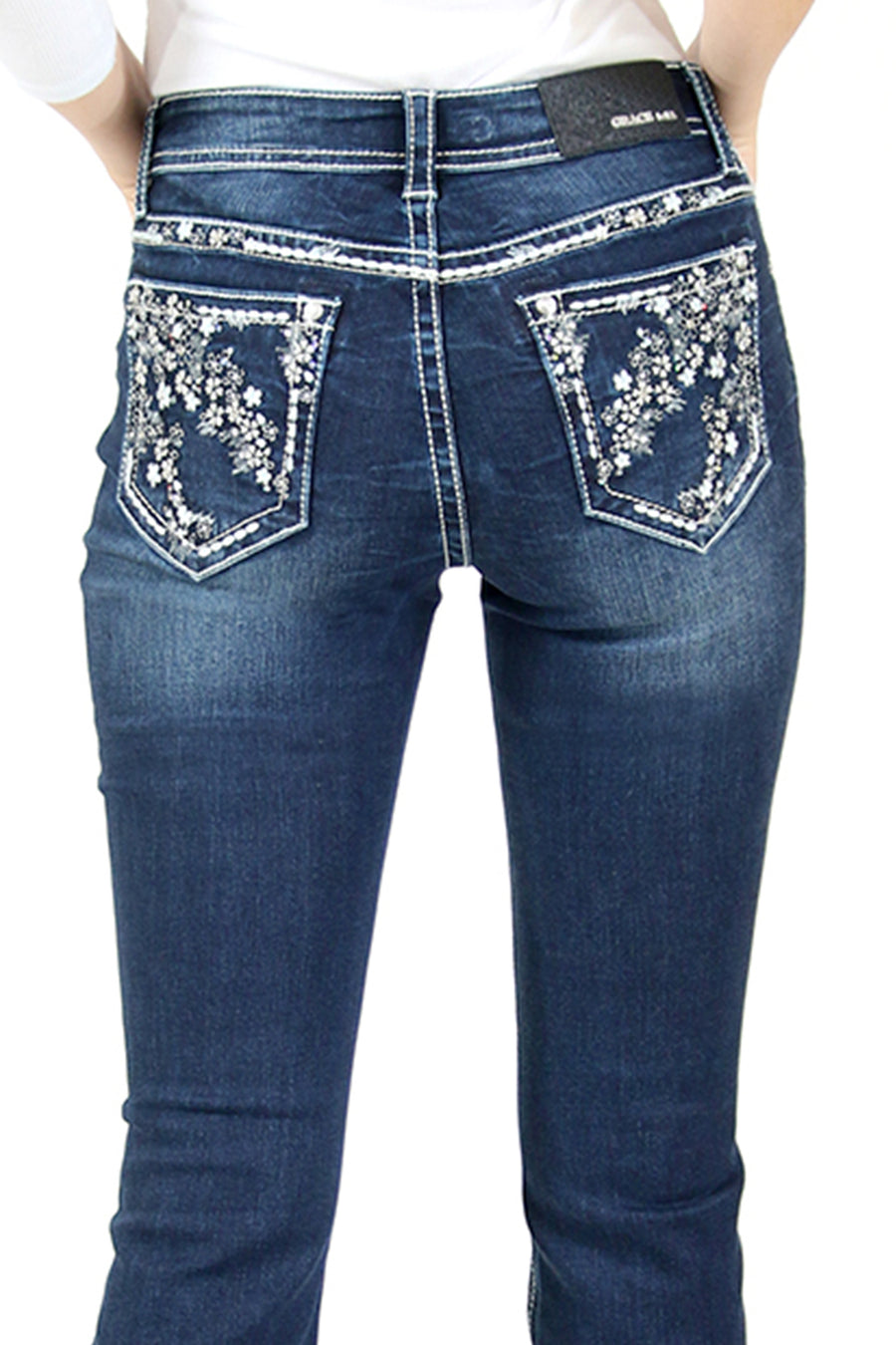 Grace in LA EBS615 Floral EMB Mid Rise Bootcut Jeans