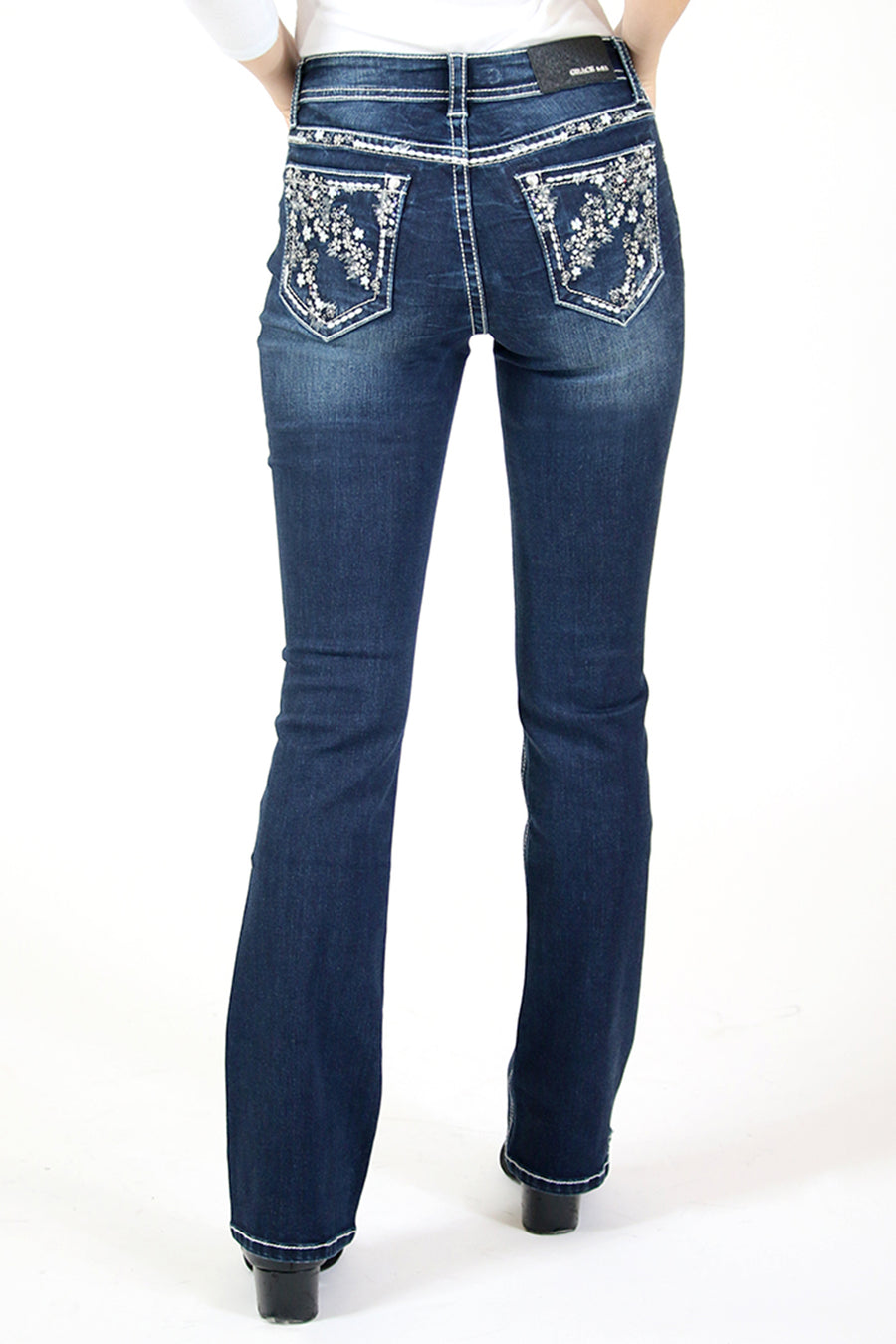 Grace in LA EBS615 Floral EMB Mid Rise Bootcut Jeans