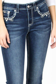 Grace in LA EBS615 Floral EMB Mid Rise Bootcut Jeans