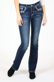 Grace in LA EBS615 Floral EMB Mid Rise Bootcut Jeans