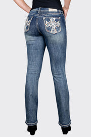 Grace in LA EB51759 Cross EMB Mid Rise Bootcut Jeans