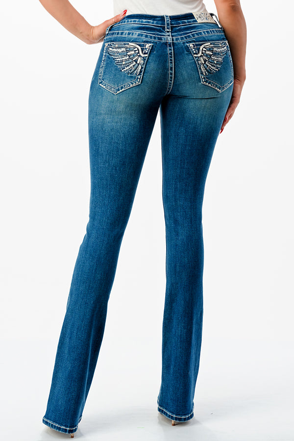 Grace in LA EBS615 Floral EMB Mid Rise Bootcut Jeans