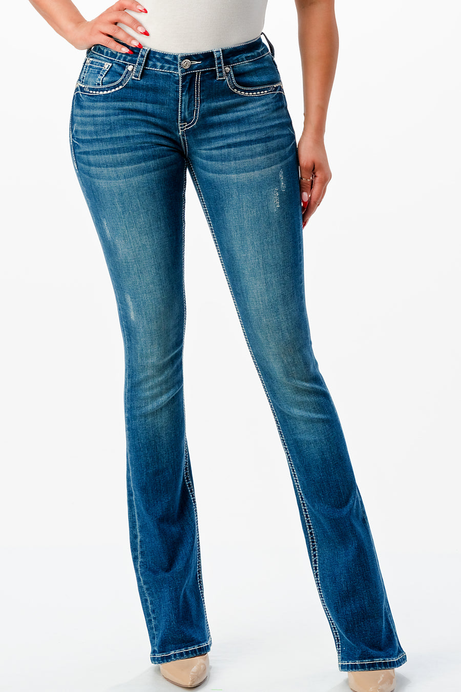 Grace in LA EBS615 Floral EMB Mid Rise Bootcut Jeans