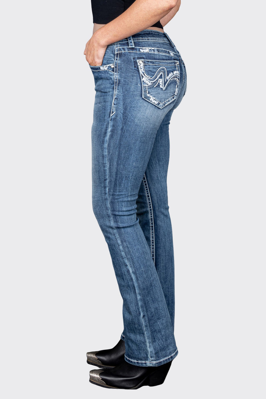 Grace in LA EB51832 Wave EMB Mid Rise Bootcut Jeans