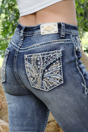 Sexy Couture S1467 Women's Butterfly Embroidered Mid Rise Bootcut Jeans