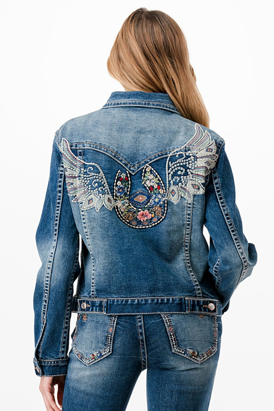 Grace in LA TE61788 Wings Floral Embroidery Denim Jacket