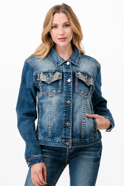 Grace in LA TE61788 Wings Floral Embroidery Denim Jacket