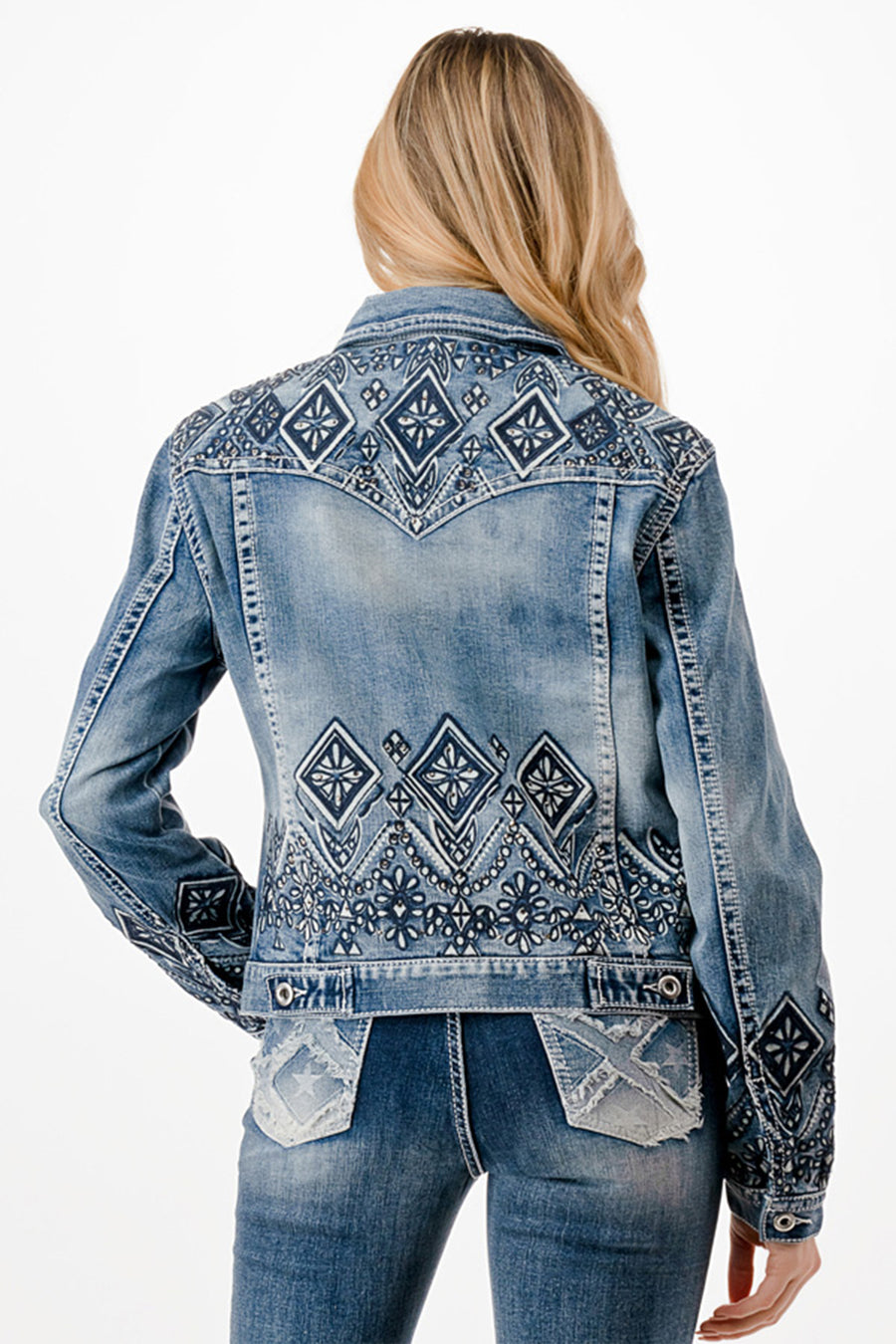 Grace in LA TE61837 Aztec Embroidery Denim Jacket