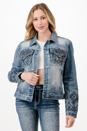 Grace in LA TE61837 Aztec Embroidery Denim Jacket